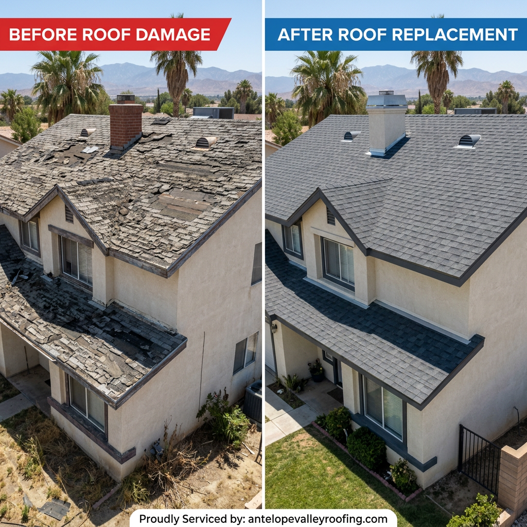 Before and after roof replacement example for a damaged shingle roof