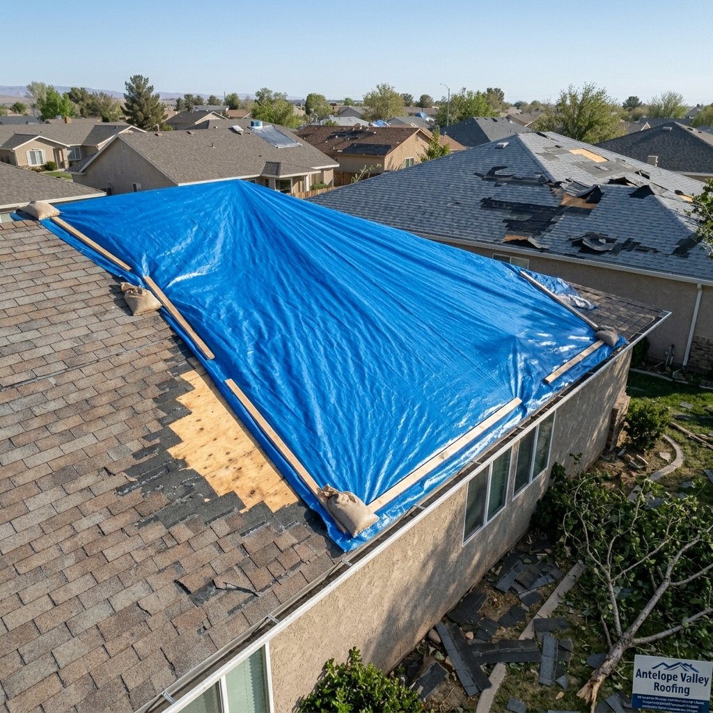 Emergency roof tarp protecting a storm damaged Antelope Valley roof