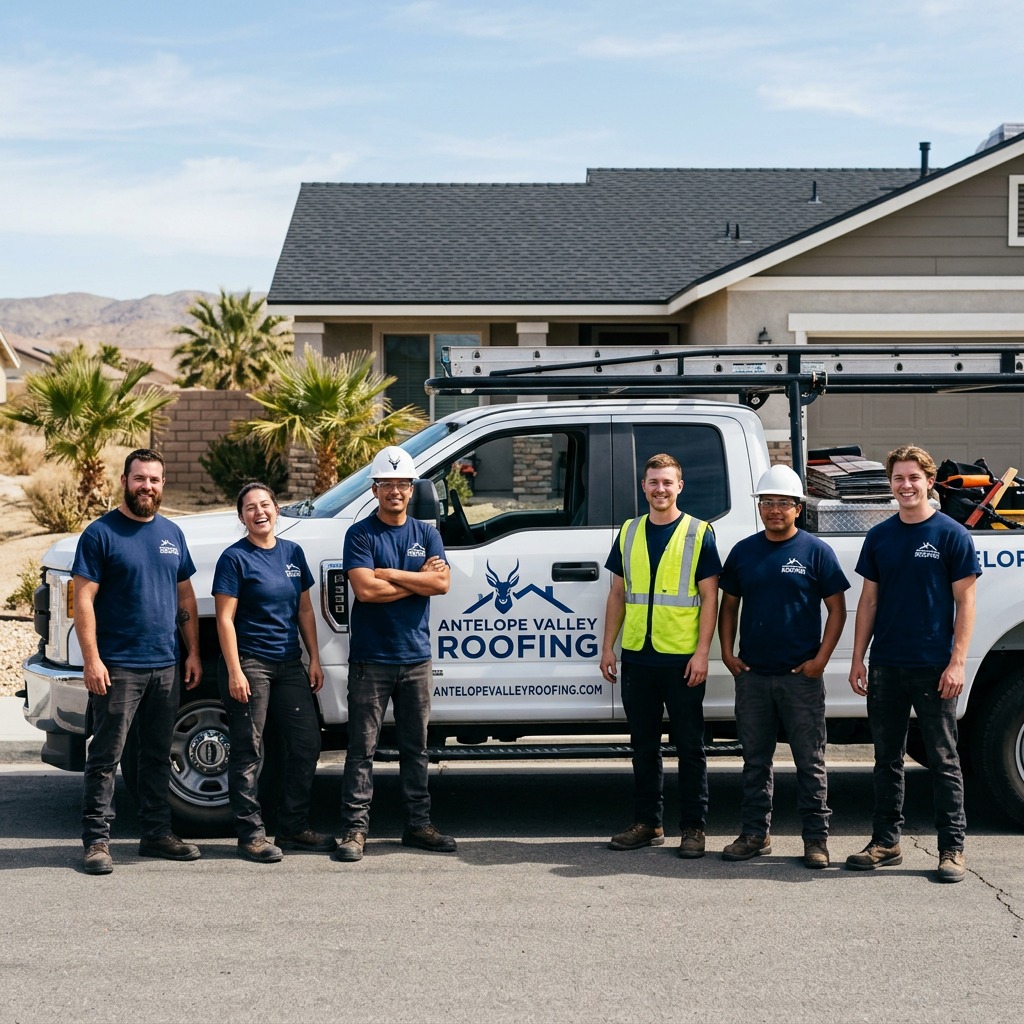 Antelope Valley Roofing crew standing beside a branded roofing truck