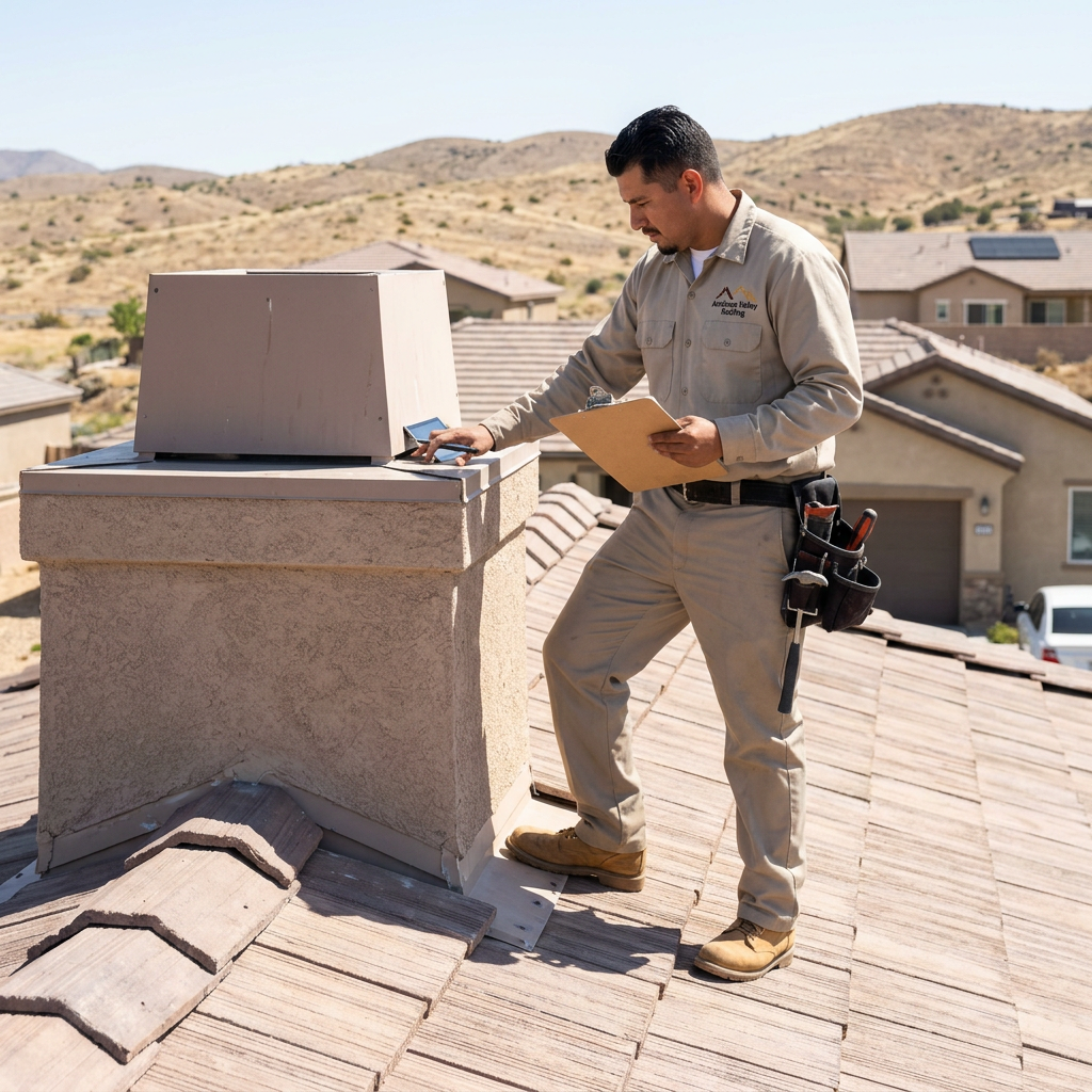 Antelope Valley roofing inspection near a tile roof chimney