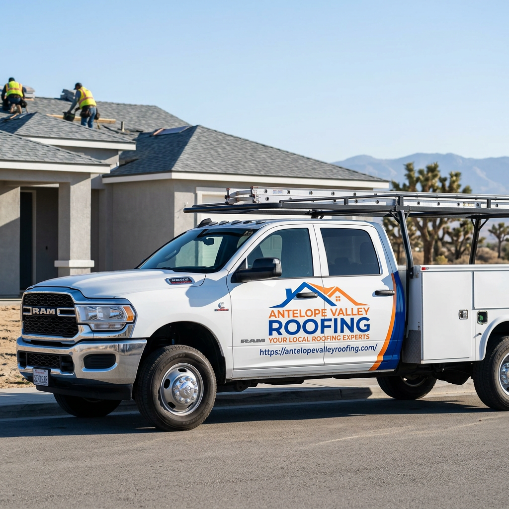 Antelope Valley Roofing truck at a residential roof replacement job