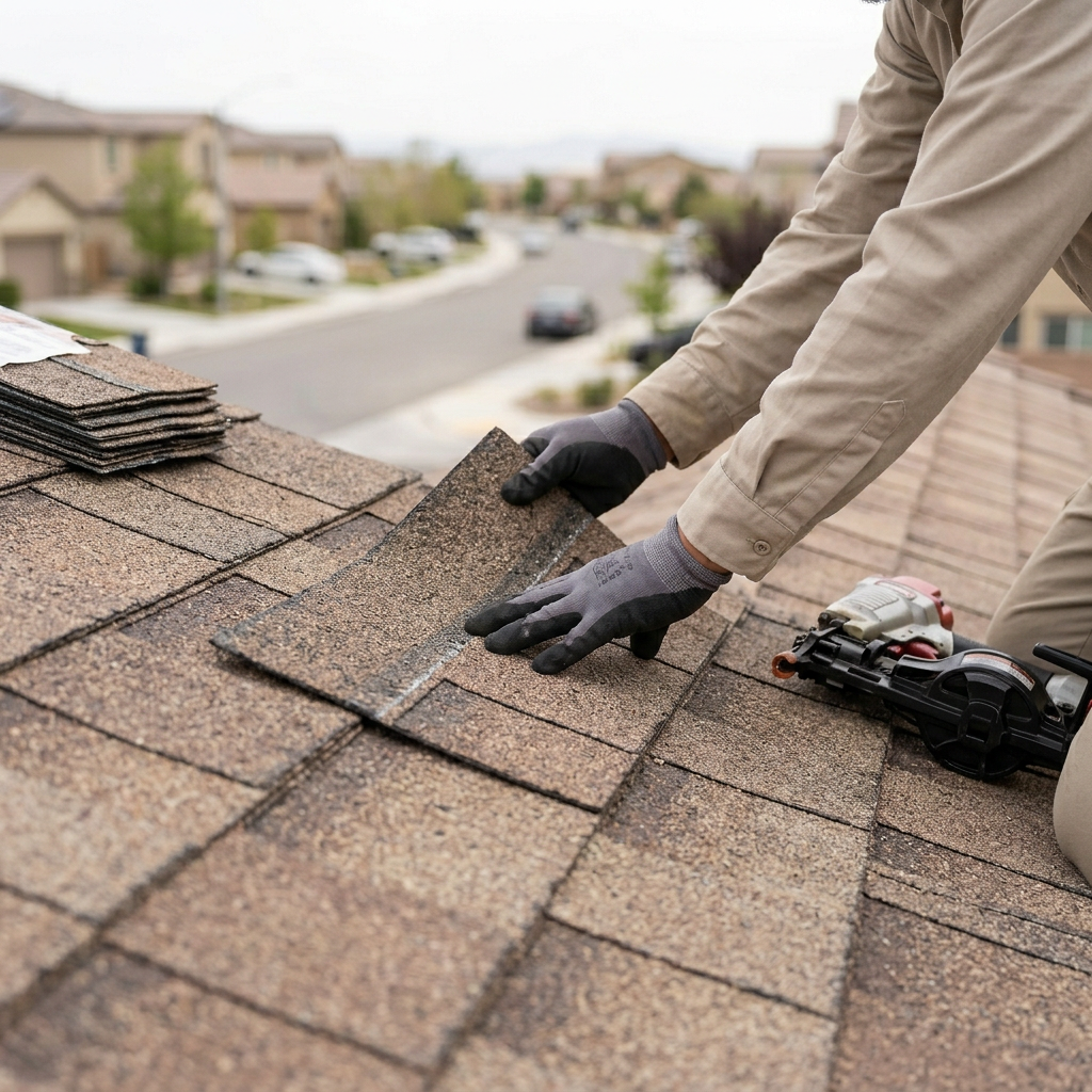 Shingle roof repair work on an Antelope Valley home