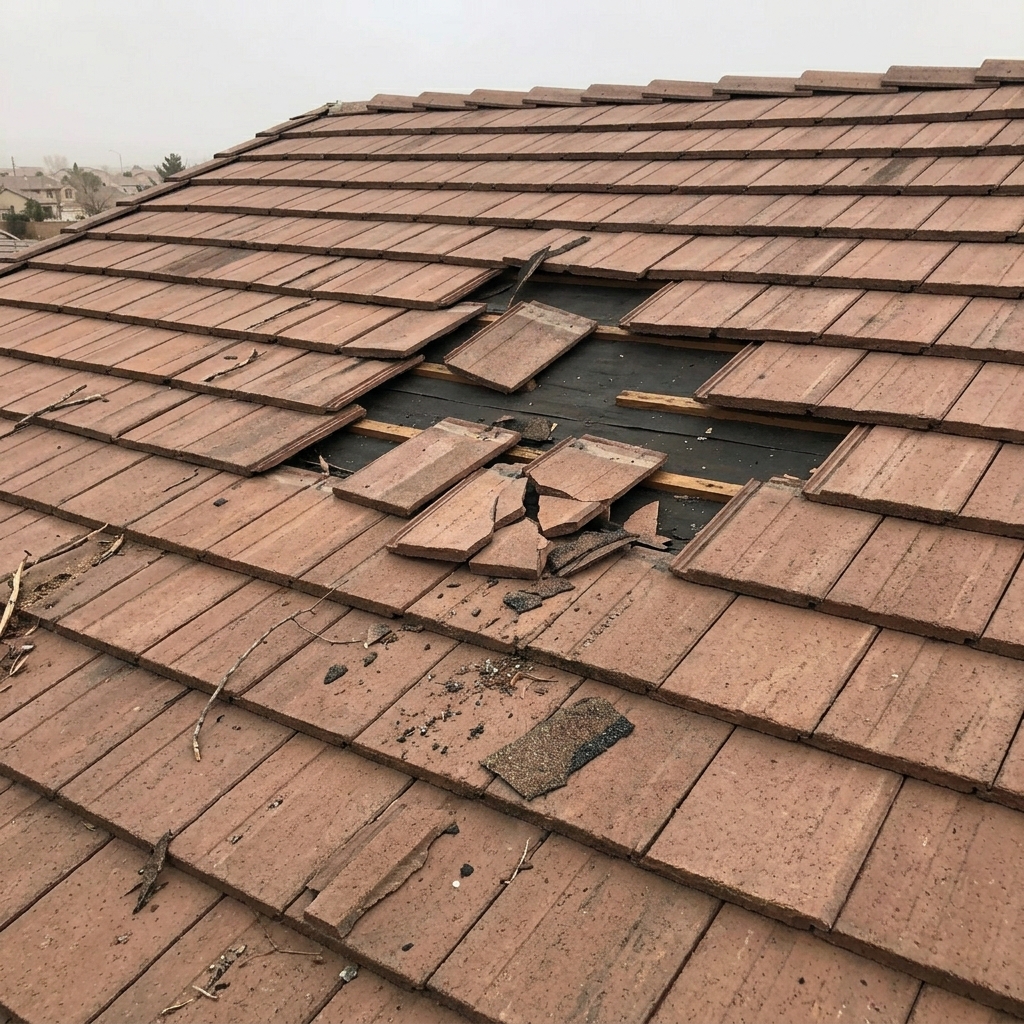 Broken tile roof section exposing underlayment