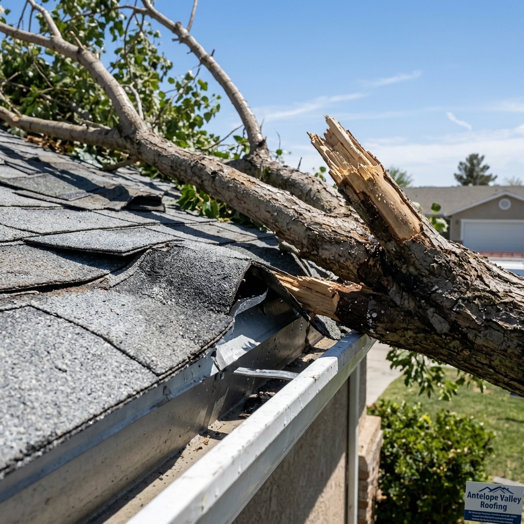 Tree limb damage on a roof edge and gutter